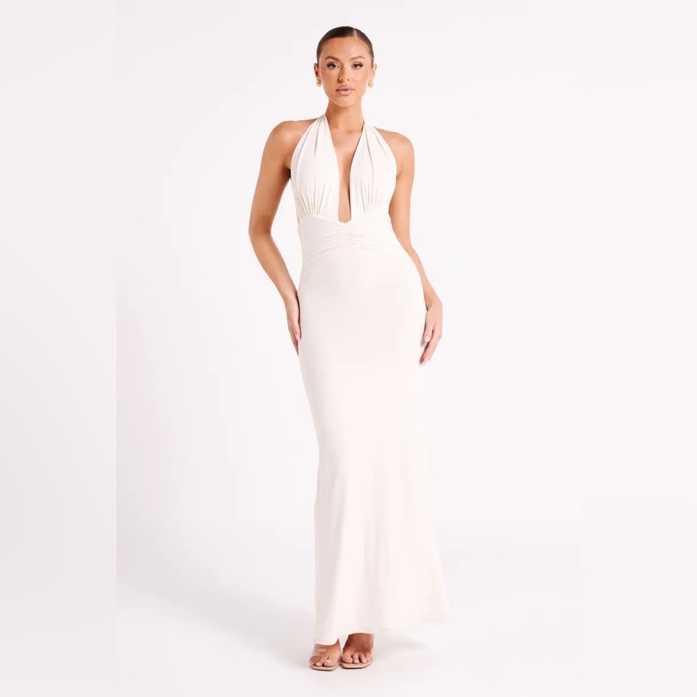 Meshki Cream Halter Plunge Maxi Gown